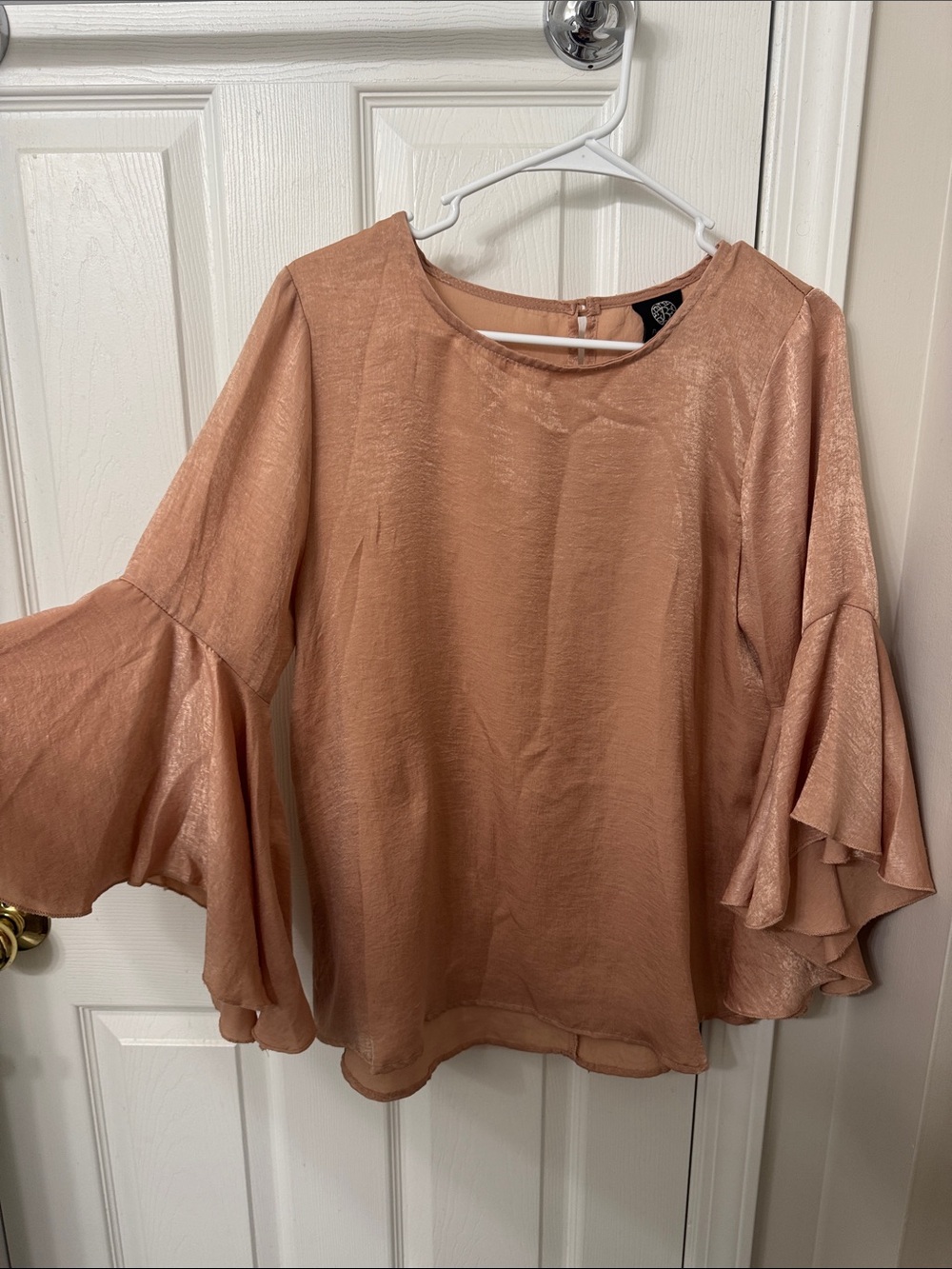Bobeau Pink Ruffle Bell Sleeve Satin Blouse